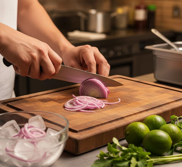 Cebolla roja en juliana reposando en agua con hielo